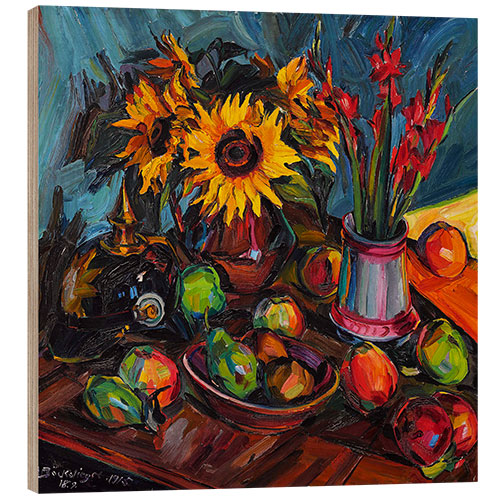 Quadro de madeira Still life with flowers with sunflowers, gladioli and pimple helmet