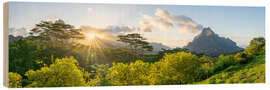 Holzbild Mont Rotui bei Sonnenuntergang, Moorea, Französisch Polynesien