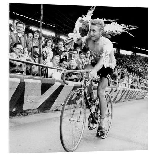 PVC-tavla Jacques Anquetil,Winner, Tour De France, Paris on July 16, 1961