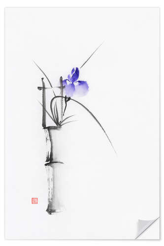 Vinilo para la pared Purple flower in a vase, sumie still life