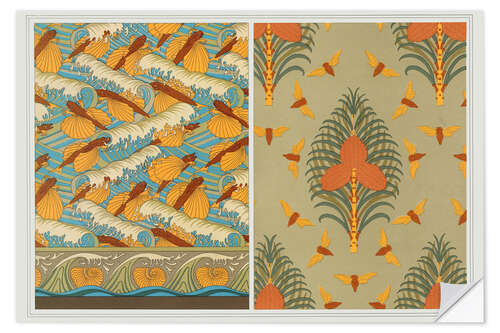 Selvklebende plakat Designs for wallpaper: Flying Fish and Waves, Cicadas and Pine, Nautilus Shells