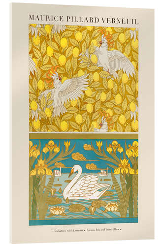 Akrylbillede Design for Wallpaper: Cockatoos with Lemons; Swans, Iris and Water Lilies