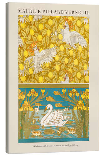 Canvas print Design for Wallpaper: Cockatoos with Lemons; Swans, Iris and Water Lilies