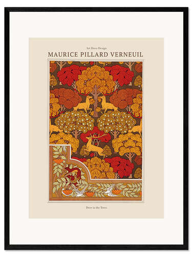 Ingelijste kunstdruk Designs for wallpaper and wallpaper border "Deer in the Trees" and "Squirrel with Birds and Mountain