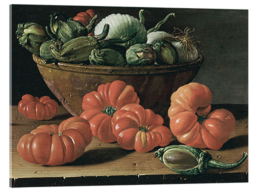 Acrylic print Still life with Tomatoes, a bowl of Aubergines & Onions