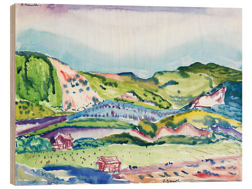 Hout print Mountain with Red Houses