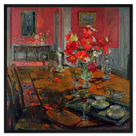 Gerahmter Kunstdruck Tulpen in einem roten Speisesaal