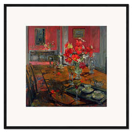 Ingelijste kunstdruk Tulips in a Red Dining Room