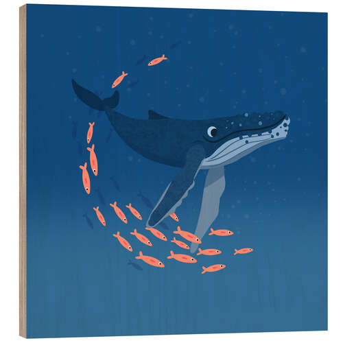 Wood print Humpback whale with school I