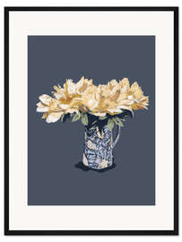 Gerahmter Kunstdruck Blaue Vase und gelbe Blumen