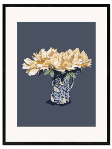 Gerahmter Kunstdruck Blaue Vase und gelbe Blumen
