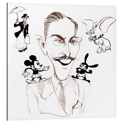 Tableau en aluminium Caricature of Walt Disney with His Cartoon Characters