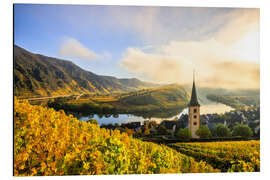 Aluminiumtavla Moselle loop and Bremm with church tower in the morning