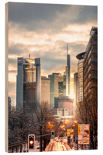 Holzbild Frankfurt am Main im Winter, Sonnenaufgang