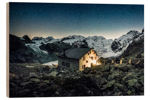 Holzbild Nachtaufnahmen bei der Boval Hütte SAC, Val Morteratsch