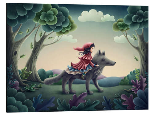 Aluminiumtavla Little red riding hood sits on the wolf