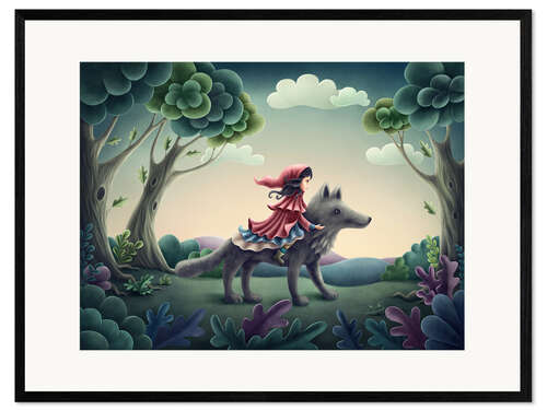 Framed art print Little red riding hood sits on the wolf