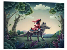 Stampa su plexi-alluminio Little red riding hood sits on the wolf