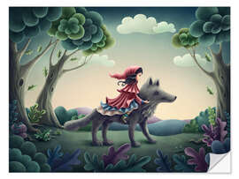 Selvklebende plakat Little red riding hood sits on the wolf