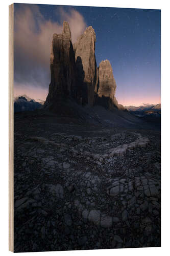 Tableau en bois Tre Cime Di Lavaredo in the Dolomites in the moonlight