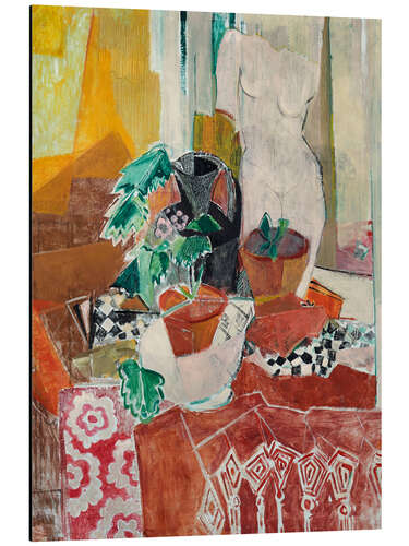 Tableau en aluminium Still life with fringed quilt, flower pots and torso, 1939/1940