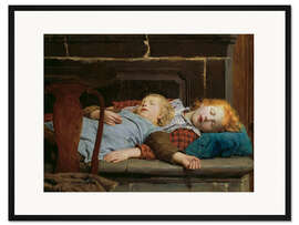 Gerahmter Kunstdruck Zwei schlafende Mädchen auf der Ofenbank, 1895