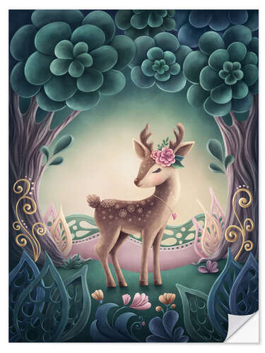 Selvklebende plakat Little cute reindeer in a magic forest