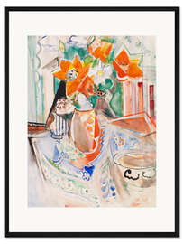 Gerahmter Kunstdruck Blumenstillleben mit Schüssel und gestreiftem Krug