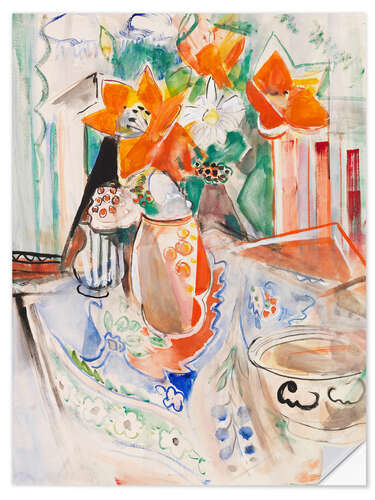 Selvklebende plakat Still Life of Flowers with a Bowl and Striped Jug