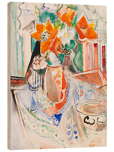 Wood print Still Life of Flowers with a Bowl and Striped Jug