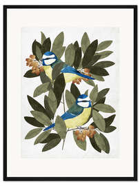 Gerahmter Kunstdruck Blaumeise und Erdbeerbaum