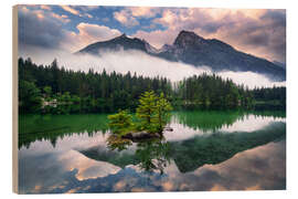 Hout print Sunrise at the mountain lake