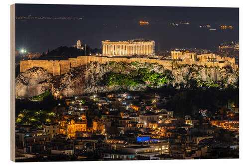 Holzbild Akropolis und die Altstadt von Athen, Griechenland bei Nacht