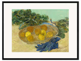 Inramat konsttryck Still life of oranges and lemons with blue gloves