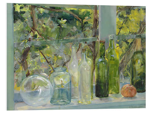 Print på skumplade Window Sill with Bottles, a Glass Globe and an Apple, c. 1892