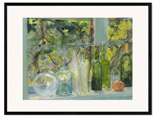 Gerahmter Kunstdruck Fensterbank mit Flaschen, einer Glaskugel und einem Apfel, ca. 1892