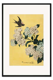 Gerahmter Kunstdruck Hortensie und Schwalbe, unbetitelte Serie großer Blumen, ca. 1833
