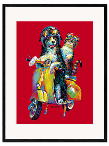 Framed art print Dog & Cat on the Scooter