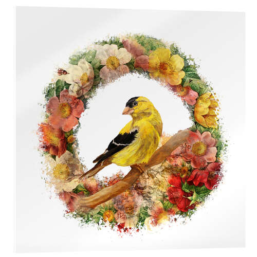 Obraz na szkle akrylowym Goldfinch in flowers garland