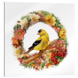 Quadro em plexi-alumínio Goldfinch in flowers garland