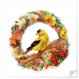 Naklejka na ścianę Goldfinch in flowers garland