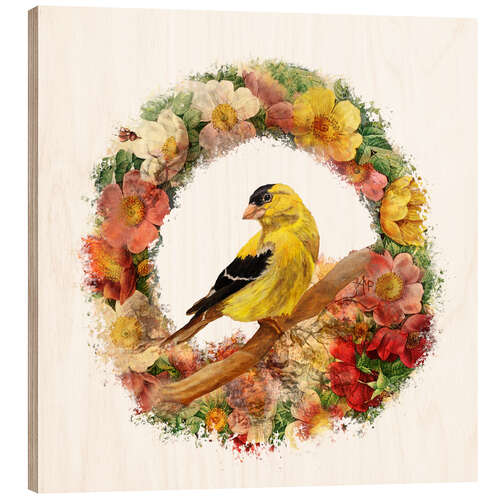 Tableau en bois Goldfinch in flowers garland