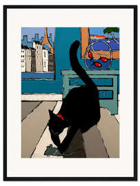 Gerahmter Kunstdruck Schwarze Katze und seine mechanische Maus in Paris