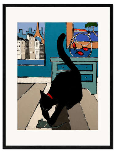 Impresión de arte enmarcada Black cat and his mechanical mouse in Paris