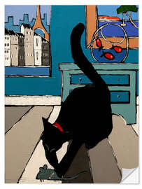 Selvklebende plakat Black cat and his mechanical mouse in Paris