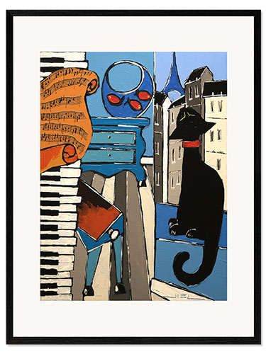 Impresión de arte enmarcada The old Piano with Music sheet, and black cat, in Paris