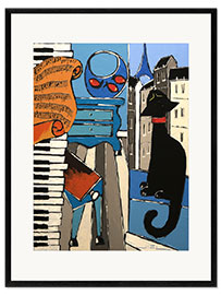 Impresión de arte enmarcada The old Piano with Music sheet, and black cat, in Paris