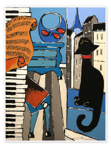 Poster The old Piano with Music sheet, and black cat, in Paris