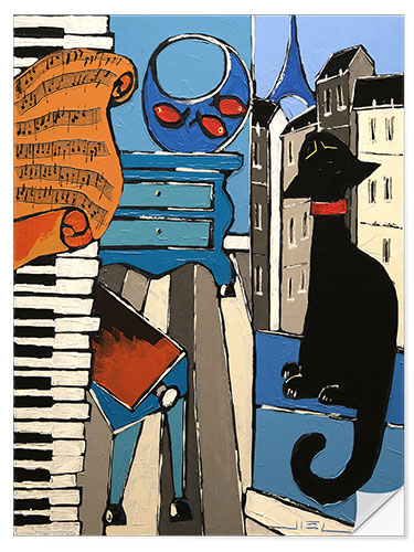 Sticker mural The old Piano with Music sheet, and black cat, in Paris