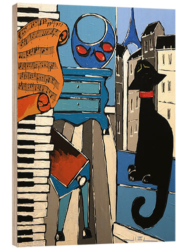 Holzbild Das alte Klavier mit Notenblatt und schwarzer Katze in Paris